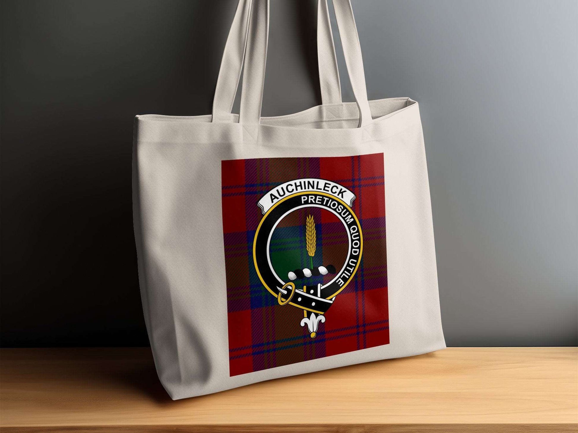 Auchinleck Clan Crest on Scottish Tartan Tote Bag - Living Stone Gifts