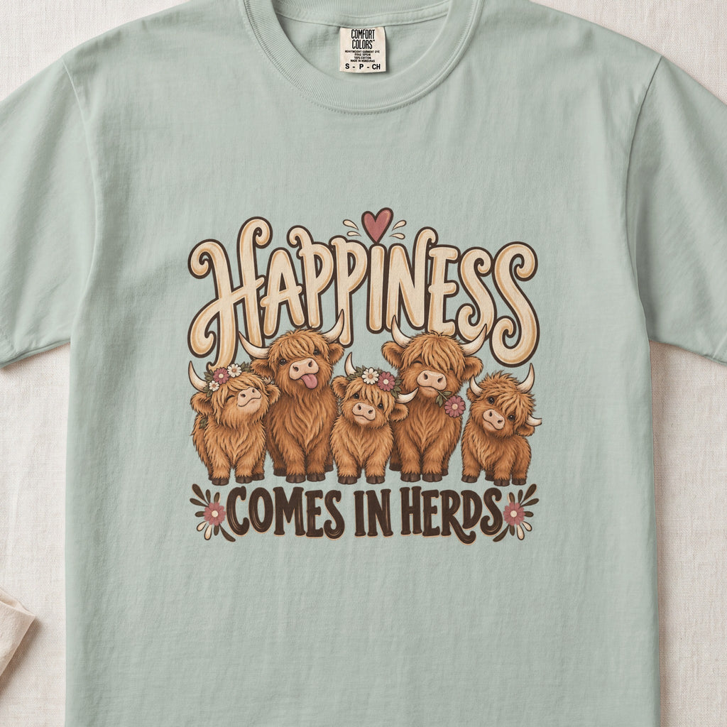 Happiness Comes in Herds Highland cow design on a Bay Comfort Colors 1717 T-shirt, flat lay