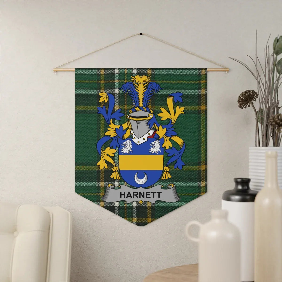 Harnett Family Crest Green Plaid Wall Tapestry product