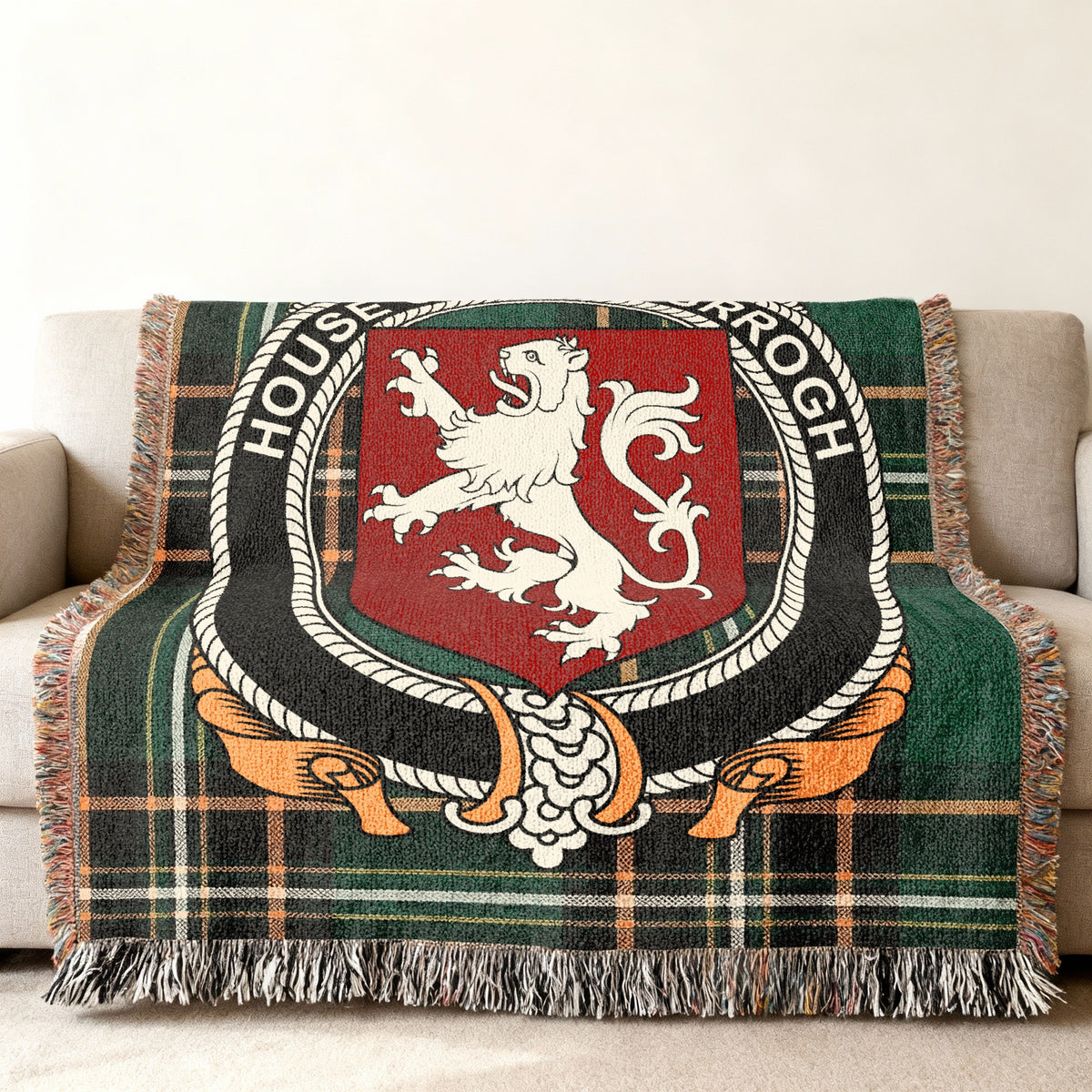 MacMurrogh Irish National Tartan woven blanket displayed on a sofa