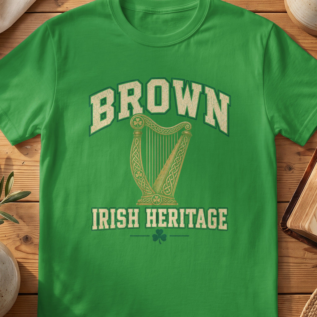 Brown Irish Heritage green Gildan 64000 T-shirt with Celtic harp design