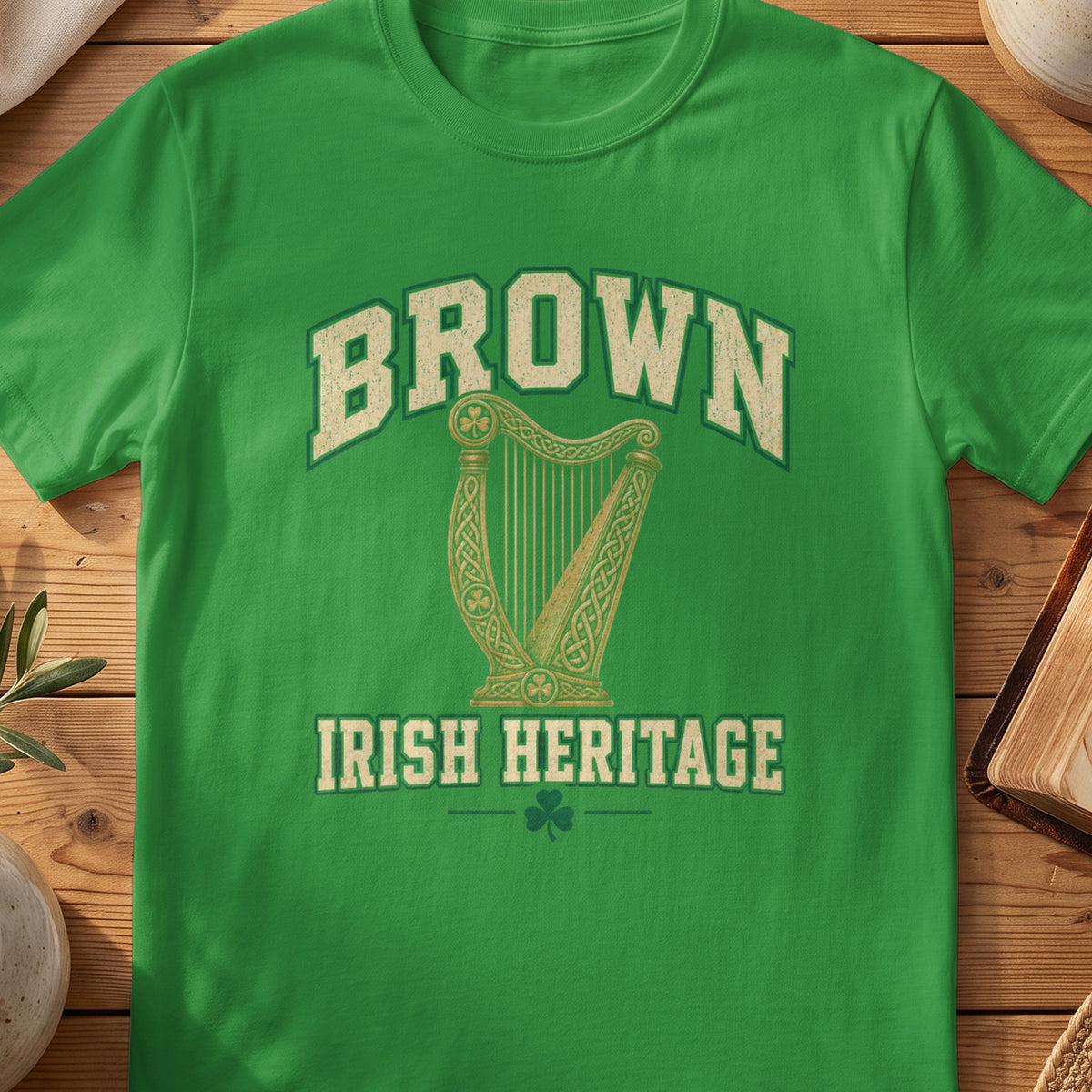 Brown Irish Heritage green Gildan 64000 T-shirt with Celtic harp design