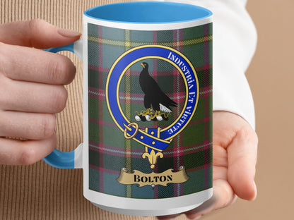 Clan Bolton Crest Badge with Tartan Background Mug - Living Stone Gifts