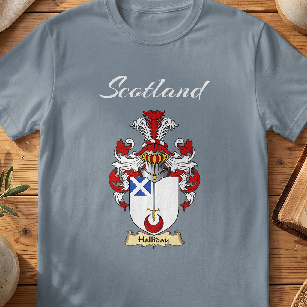 Halliday Scottish family shield T-shirt in Stone Blue