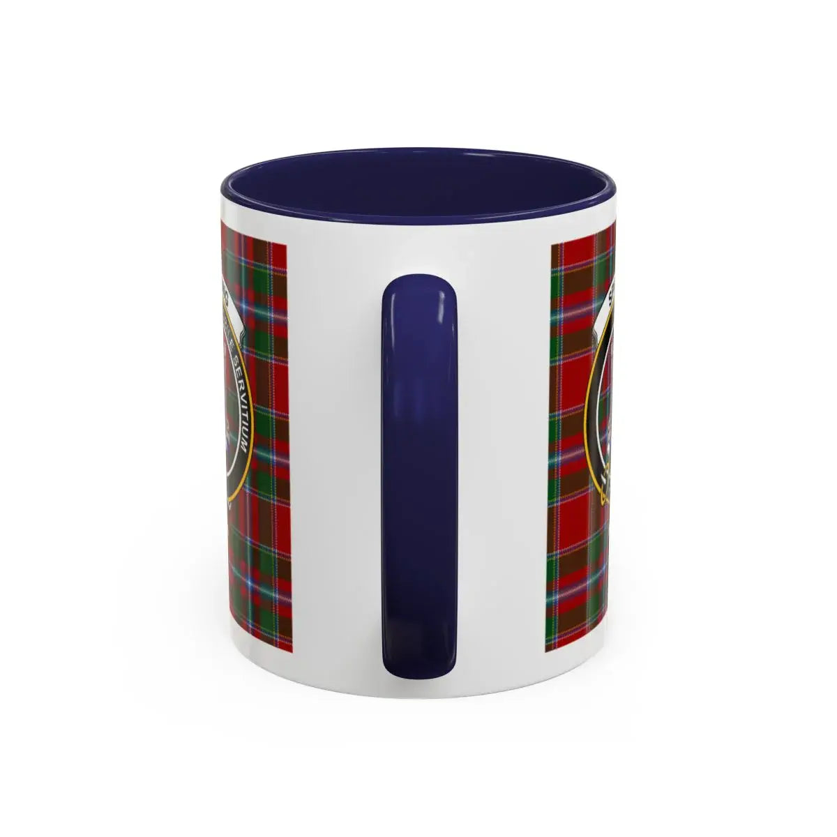 Clan Spalding Scottish tartan mug — close-up of crest and accent handle interior