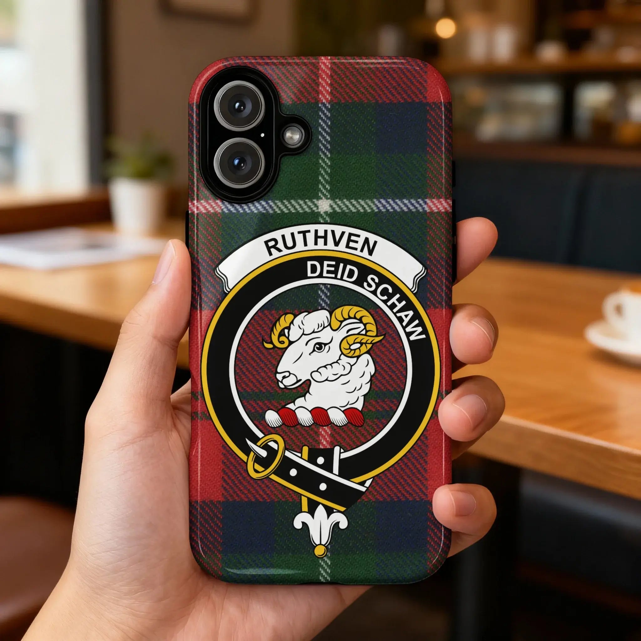 Clan Ruthven tartan case back view — ram crest and plaid design on glossy surface