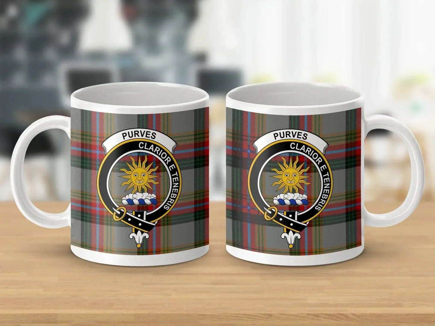 Purves Clariore Tenebris Plaid Clan Crest Mug product