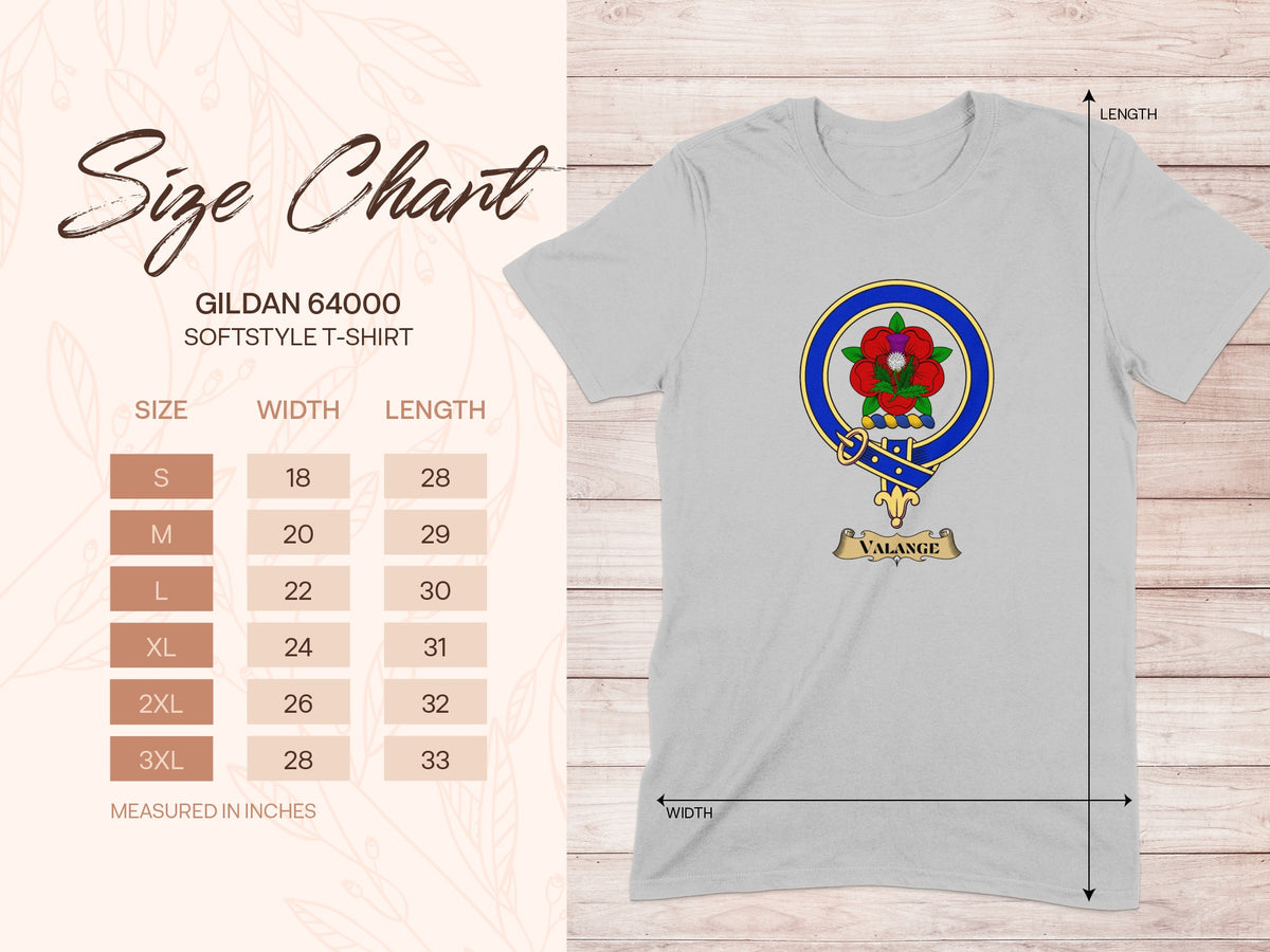 Gildan 64000 size chart for Valange Scottish clan crest T-shirt