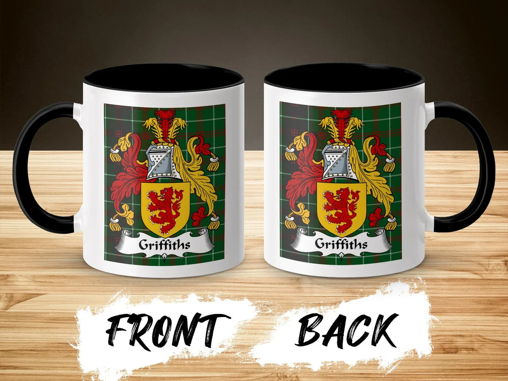 Griffiths Welsh surname coffee mug front and back with heraldic coat of arms on tartan