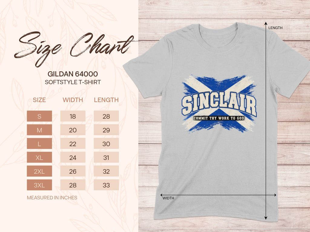 Gildan Softstyle 64000 size chart for the Sinclair Saltire T-shirt, showing shirt width and length in inches.