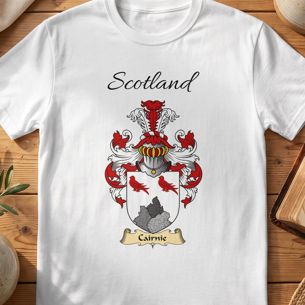 White Cairnie Scottish family shield T-shirt featuring red birds above a grey rocky motif