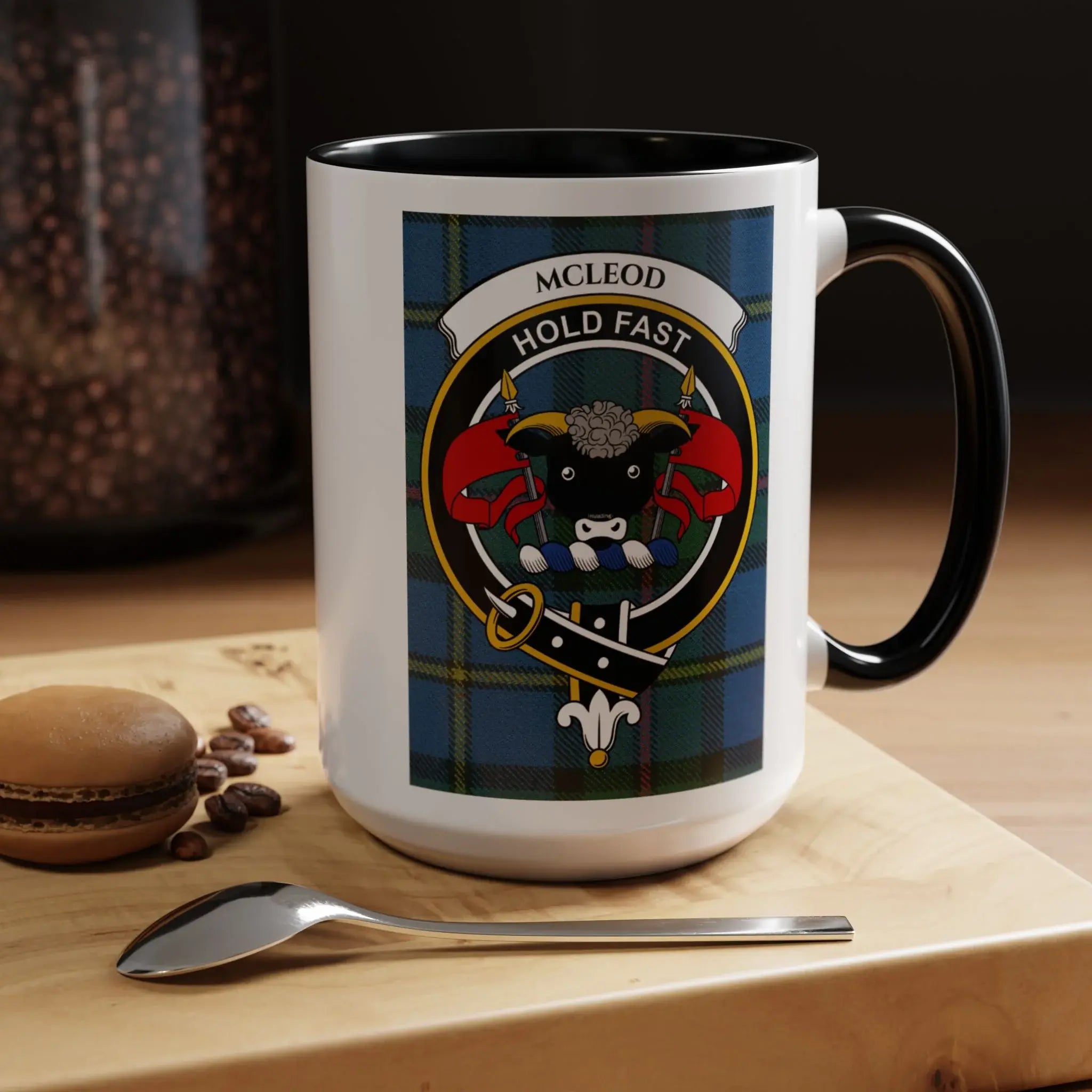 MacLeod clan tartan mug with crest and Hold Fast motto — ram's head heraldic design, 11oz ceramic