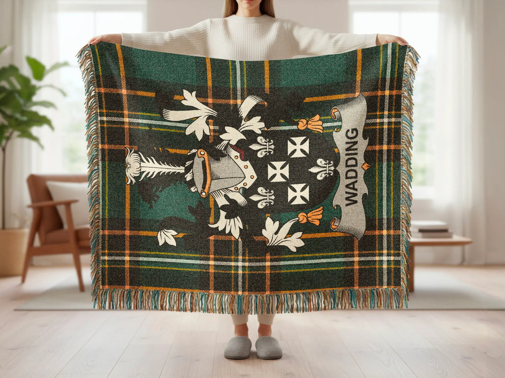 Tartan blanket with coat of arms and "Wadding" text displayed.