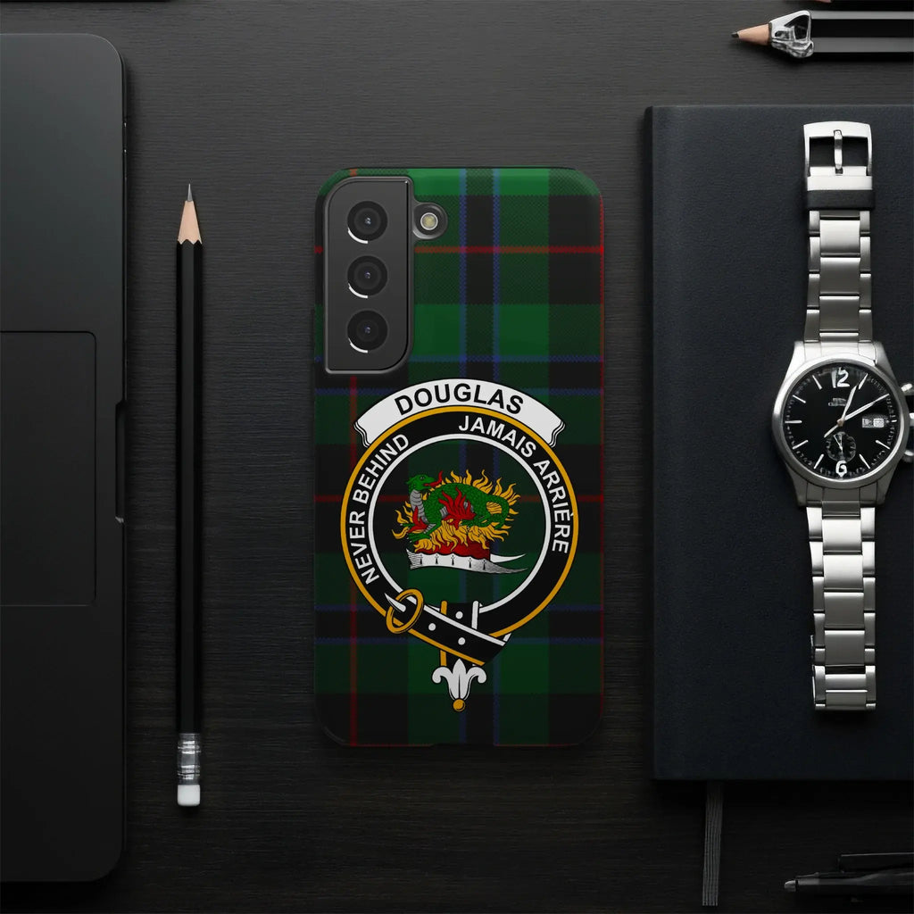 Douglas clan tartan emblem phone case — glossy impact-resistant shell with precise cutouts