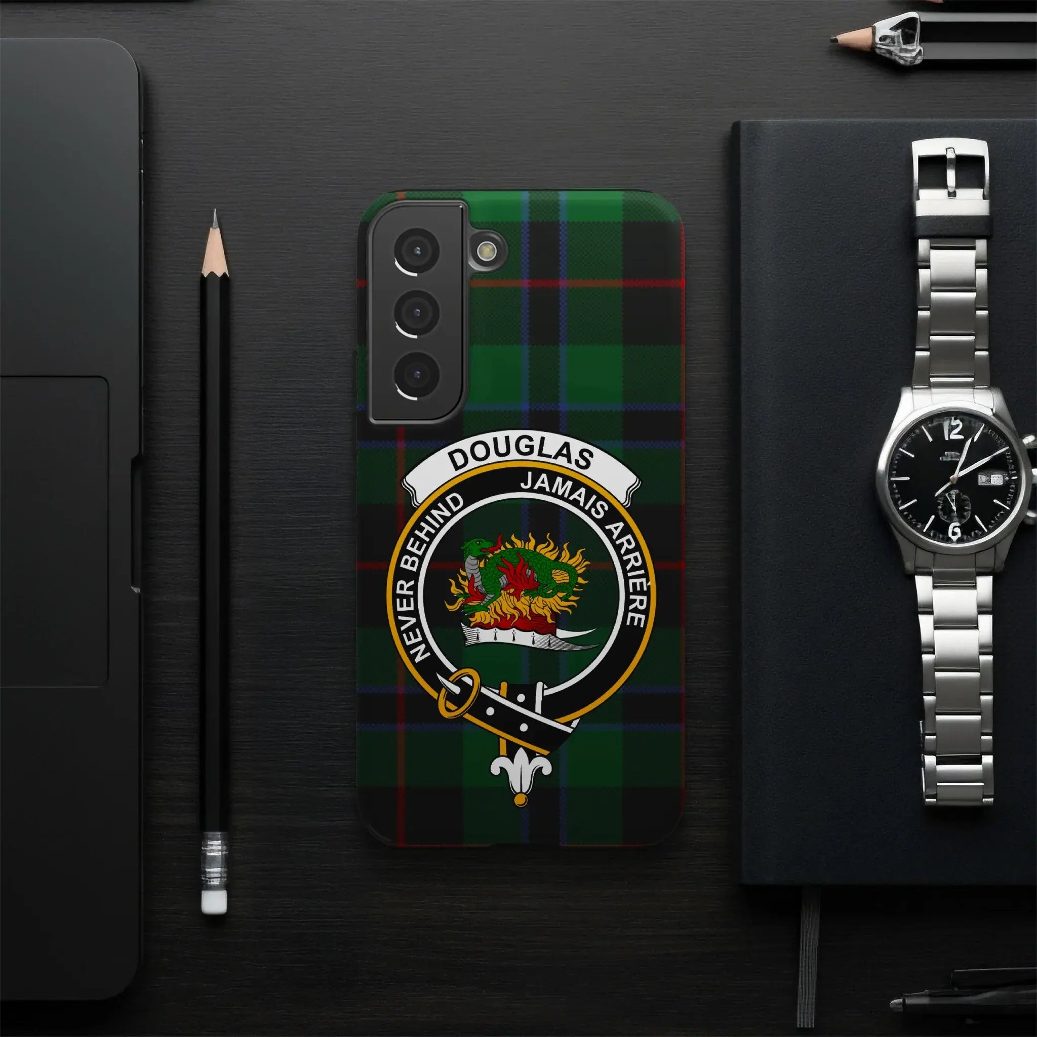 Douglas clan tartan emblem phone case — glossy impact-resistant shell with precise cutouts