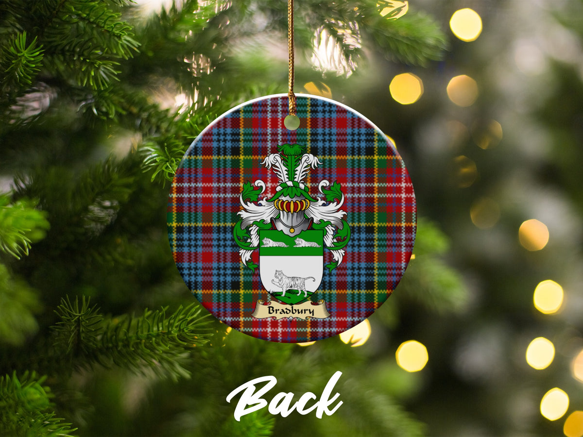 Double-sided Bradbury ceramic ornament with family shield and Caledonia tartan background