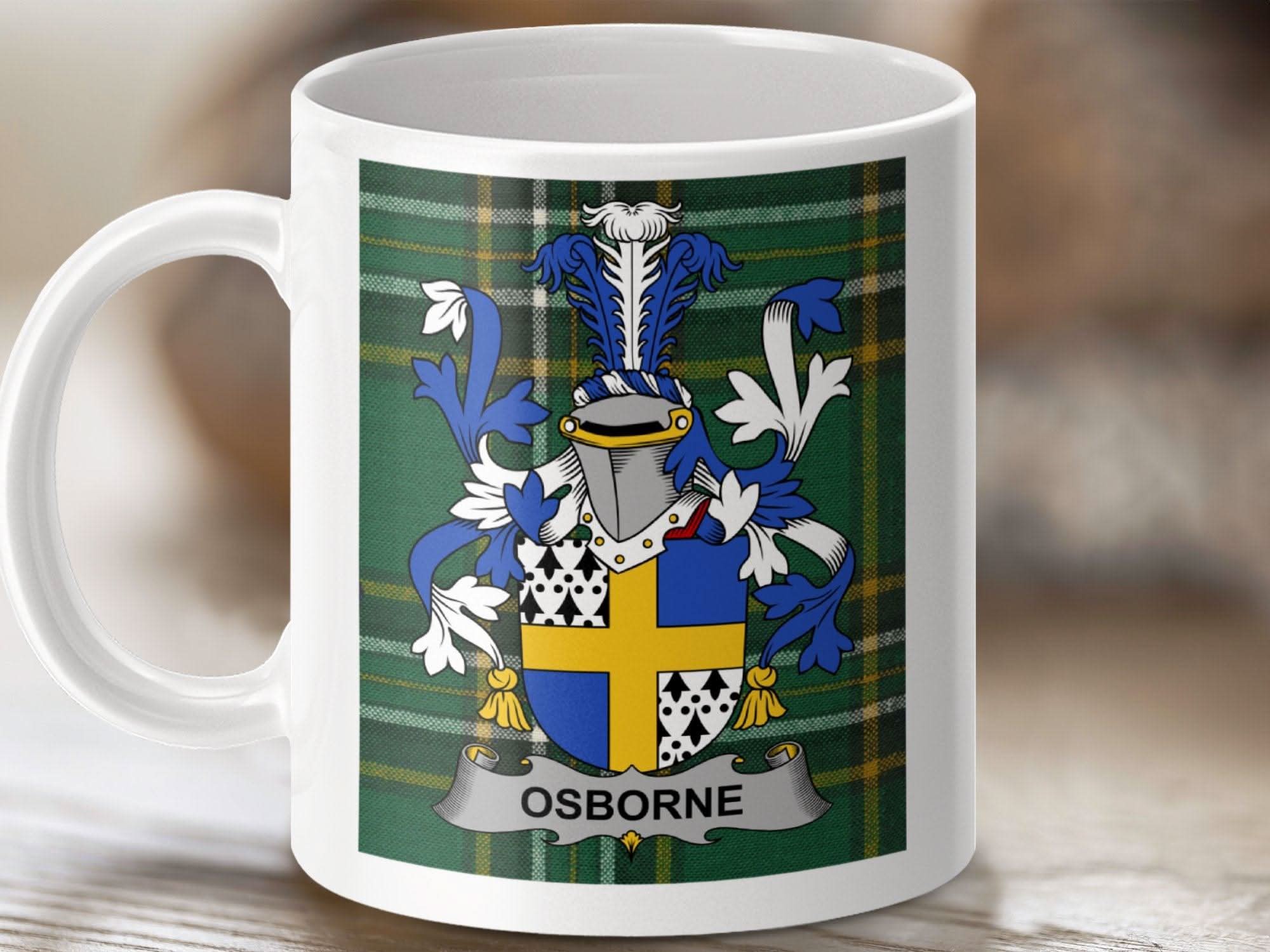 Osborne Family Crest on Irish Tartan Background Mug - Celtic Ancestry Gifts