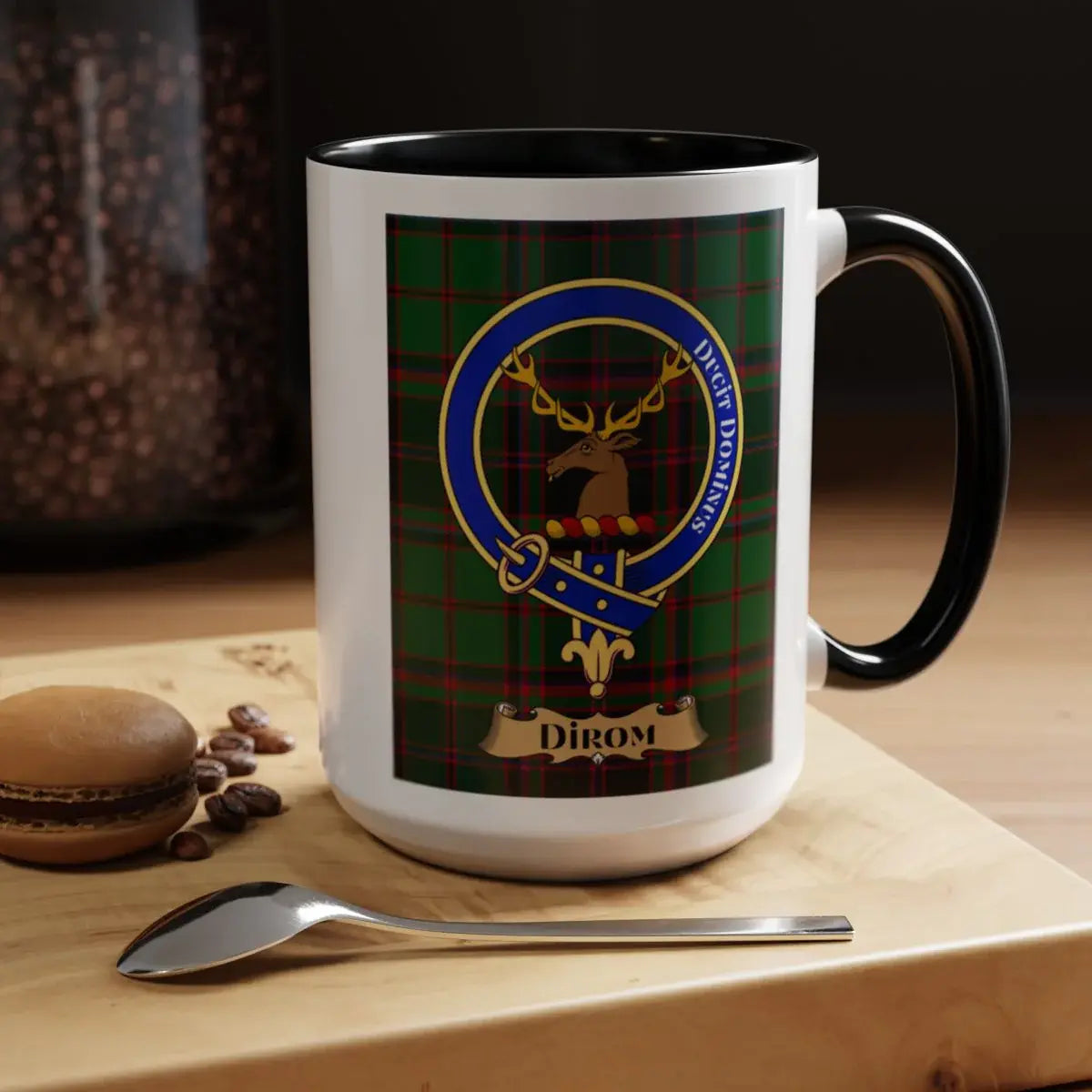 Close-up of the Dirom clan crest printed on a ceramic mug