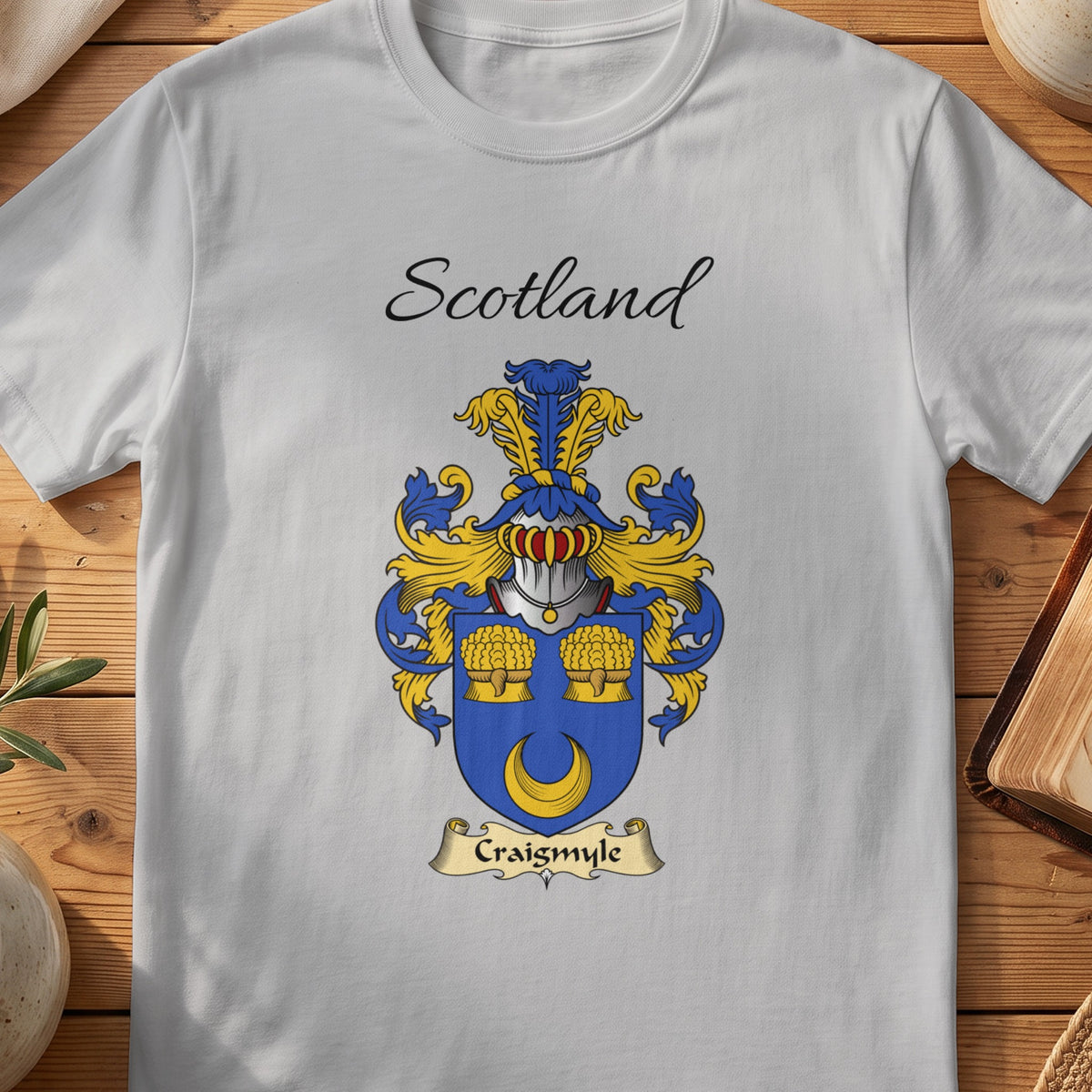 Sport Grey Craigsmyle Scottish family shield T-shirt featuring a gold crescent beneath two gold sheaves on blue