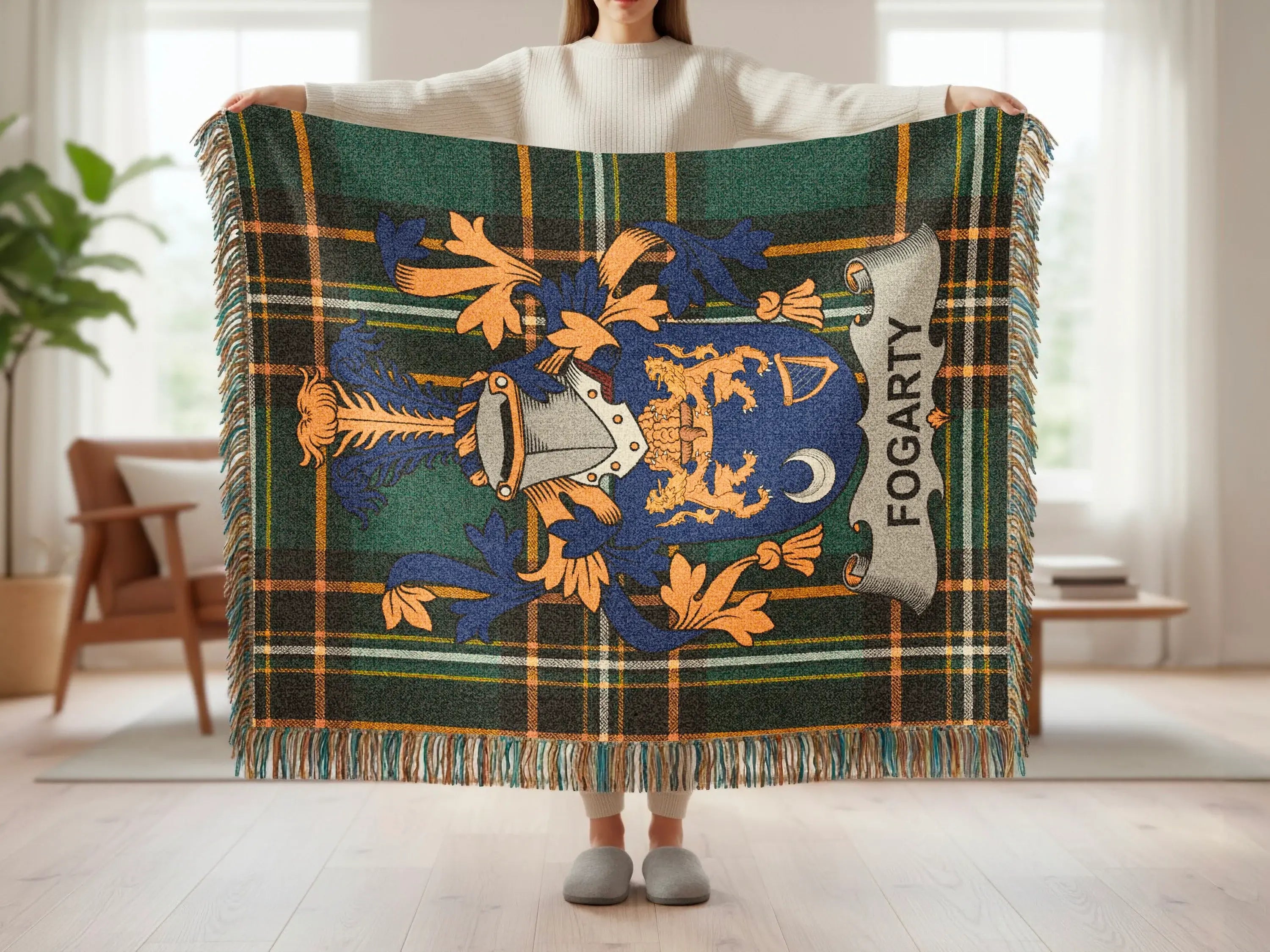 Tartan blanket with a blue and gold crest and "FOGARTY" banner.
