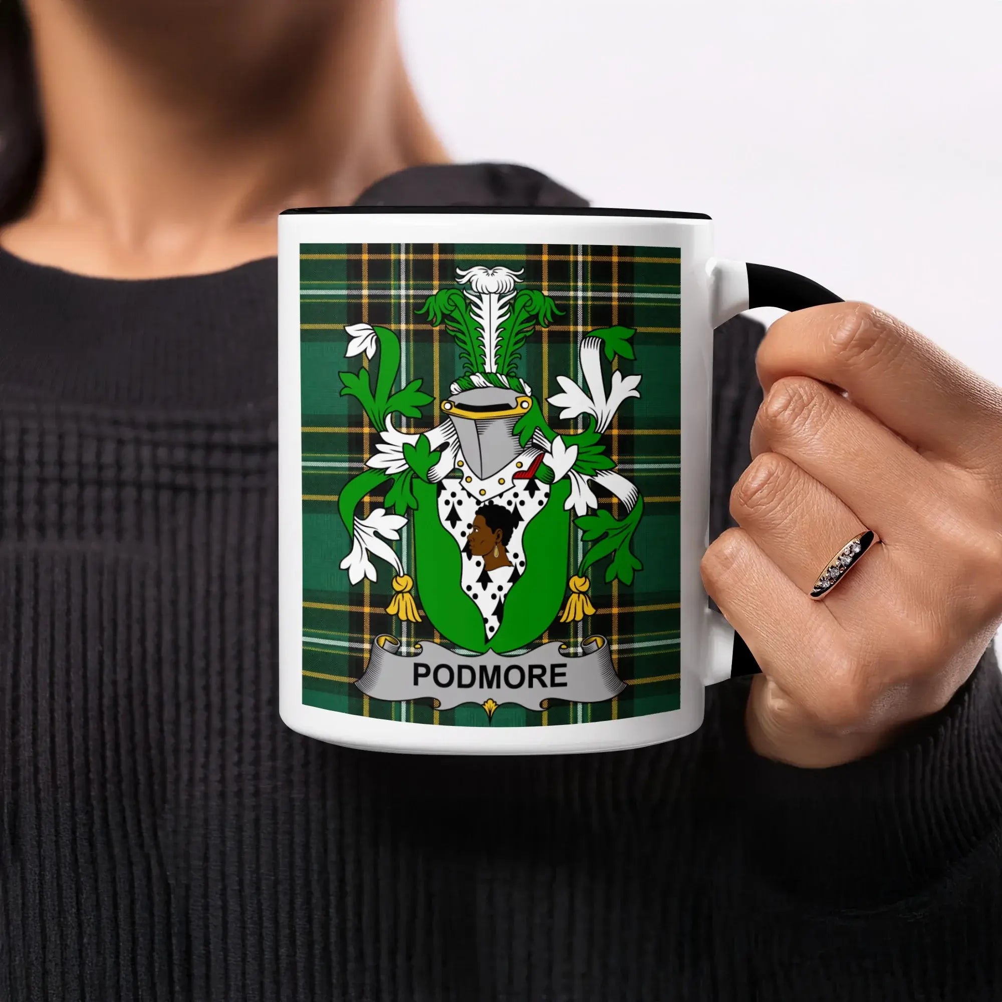 Podmore black accent mug with Irish National Tartan and family crest