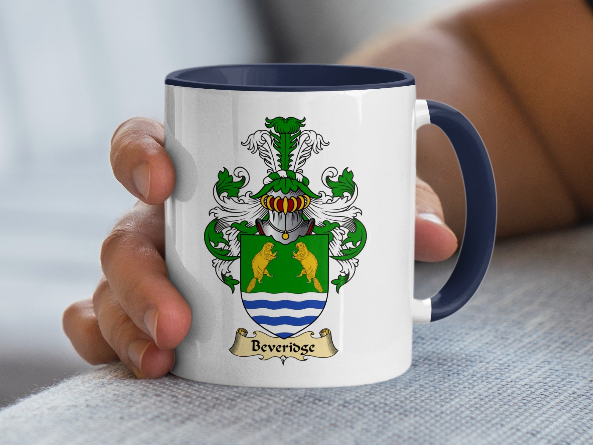 White mug with navy handle featuring a Beveridge family crest.