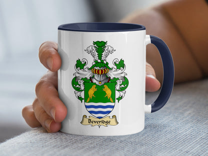 White mug with navy handle featuring a Beveridge family crest.