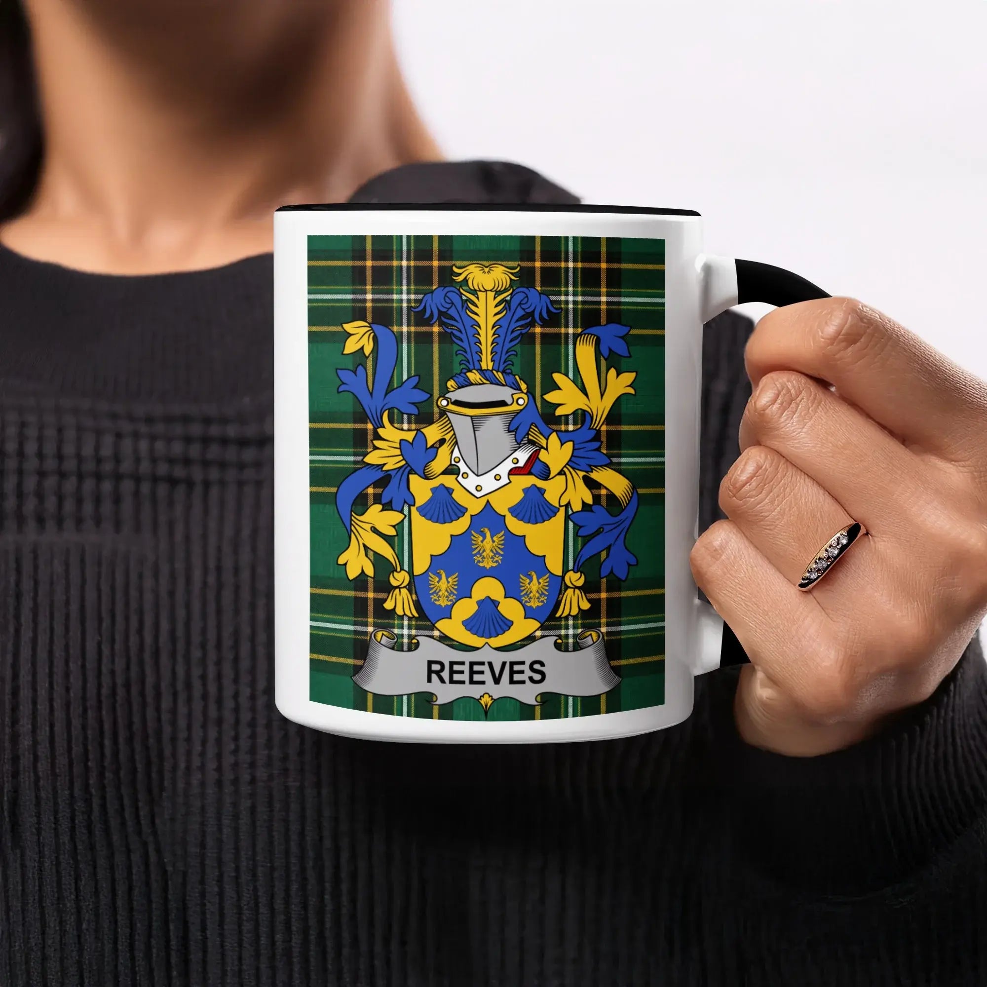 Reeves black accent mug with Irish National Tartan and family crest