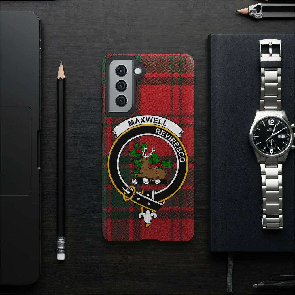 Maxwell clan tartan pattern phone case — edge-to-edge glossy print with stag crest detail