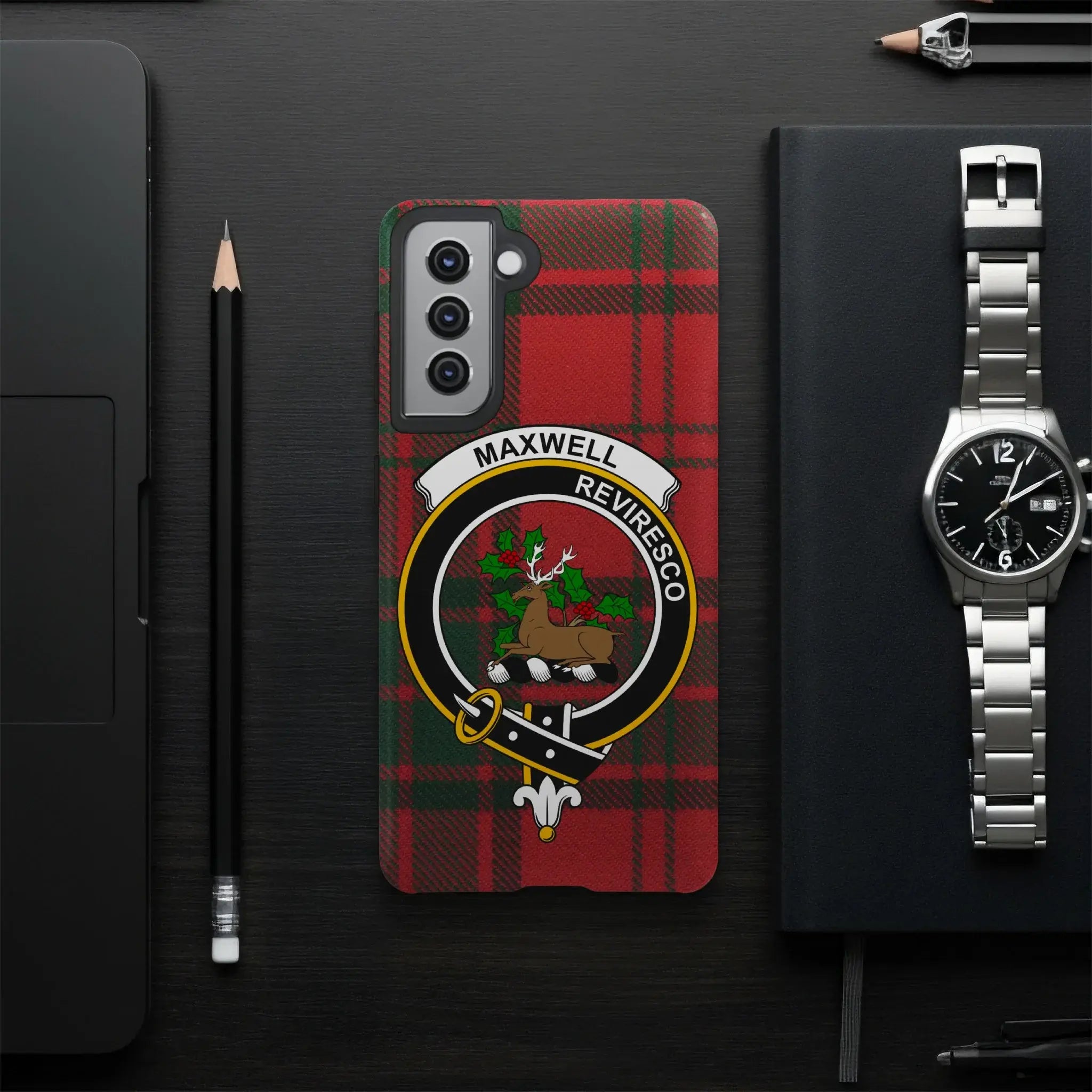 Maxwell clan tartan pattern phone case — edge-to-edge glossy print with stag crest detail