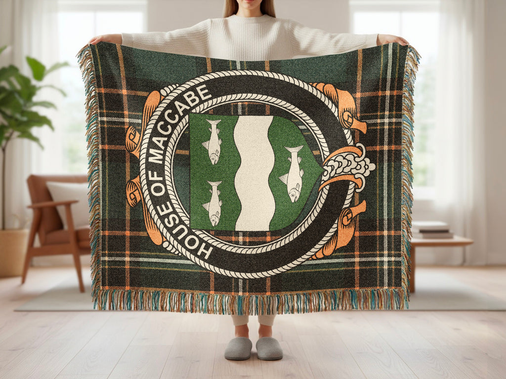 MacCabe surname blanket showing Irish National Tartan woven design
