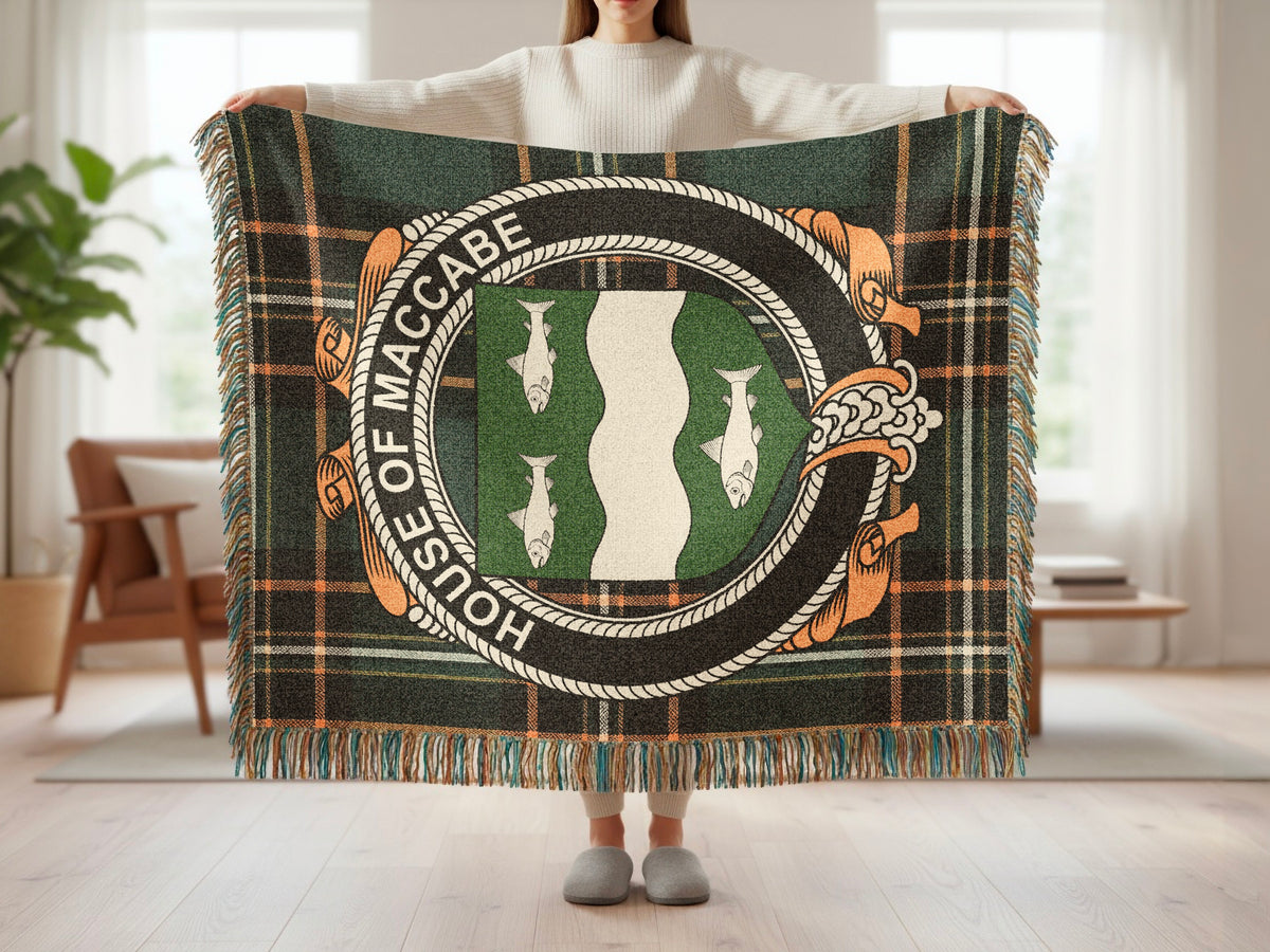 MacCabe surname blanket showing Irish National Tartan woven design