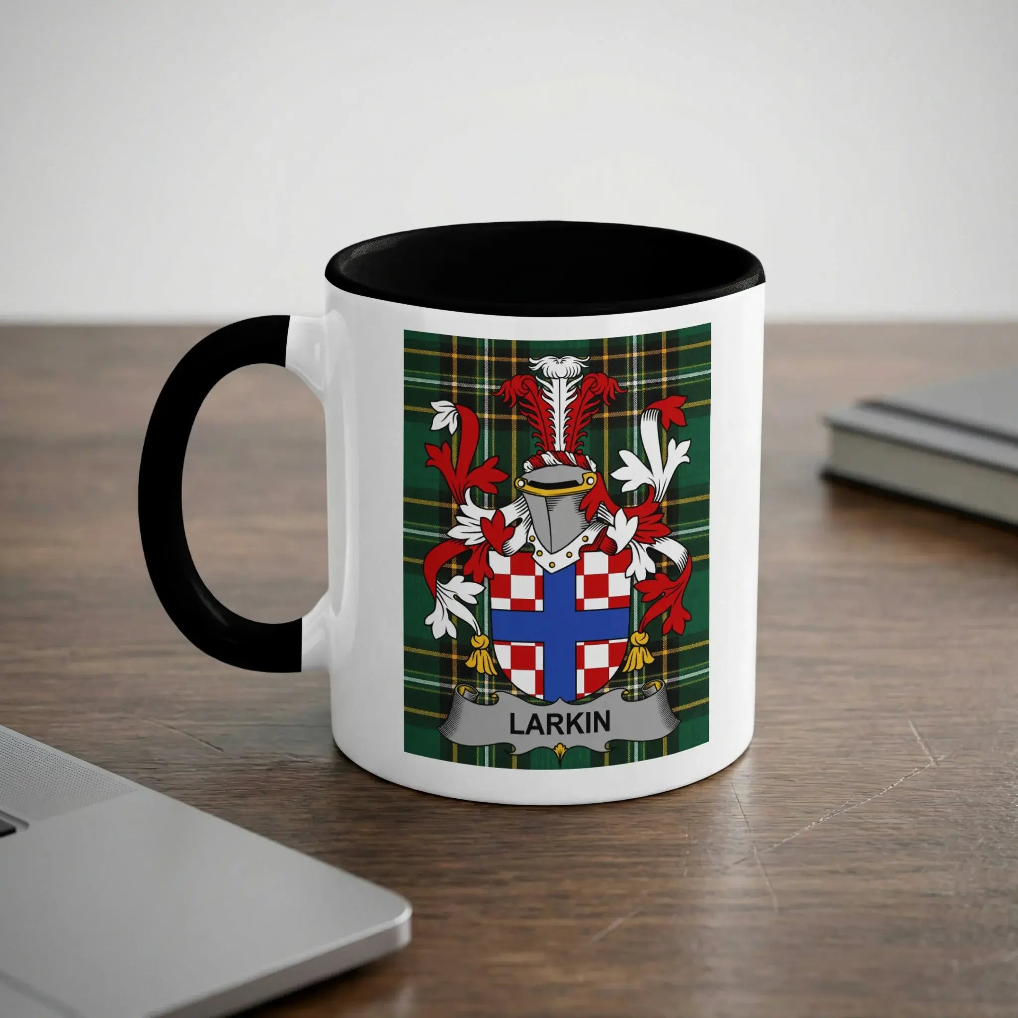 Larkin Irish heritage mug with black handle and family crest