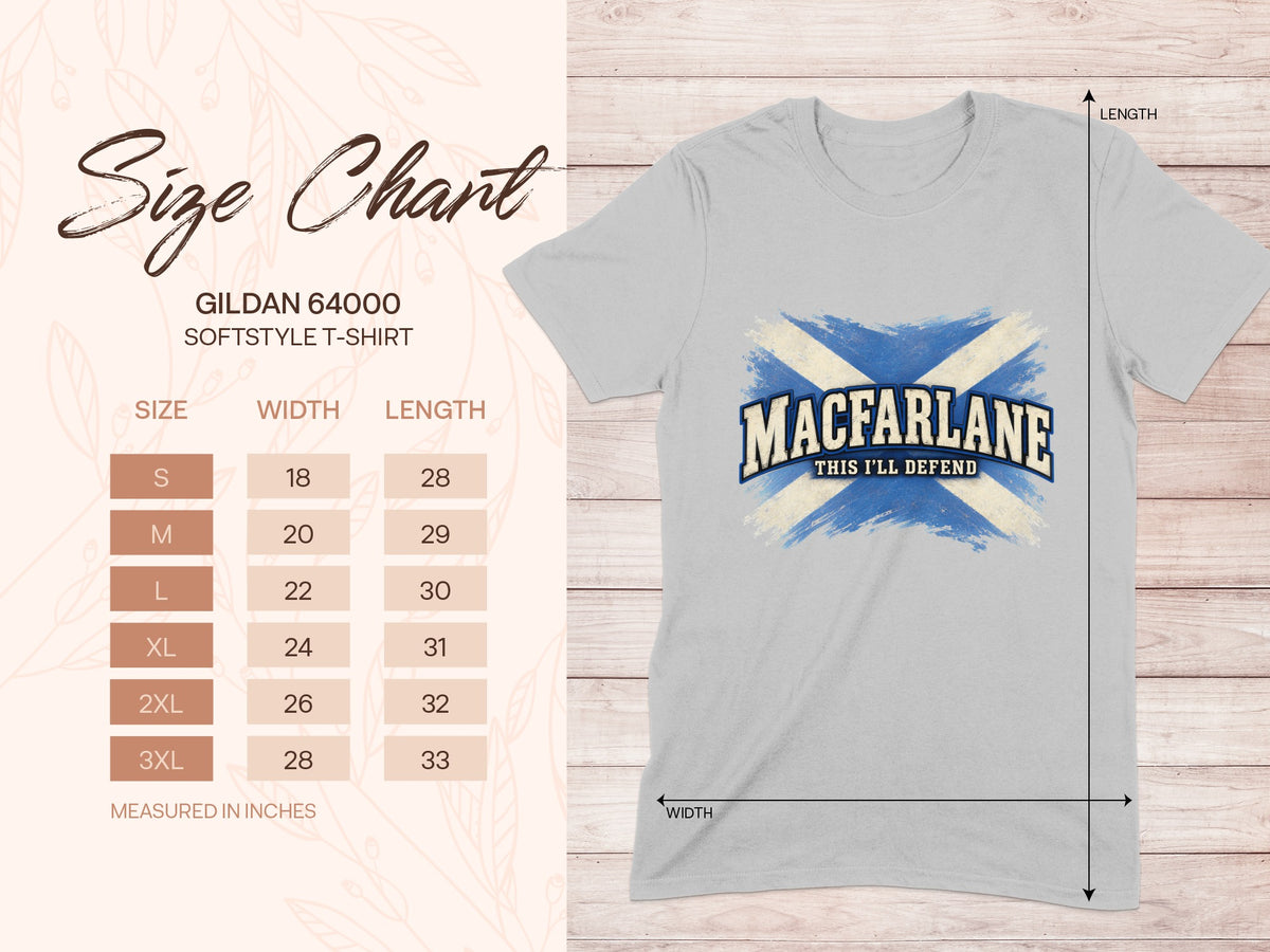 Gildan Softstyle 64000 size chart for the MacFarlane Saltire T-shirt, showing shirt width and length in inches.