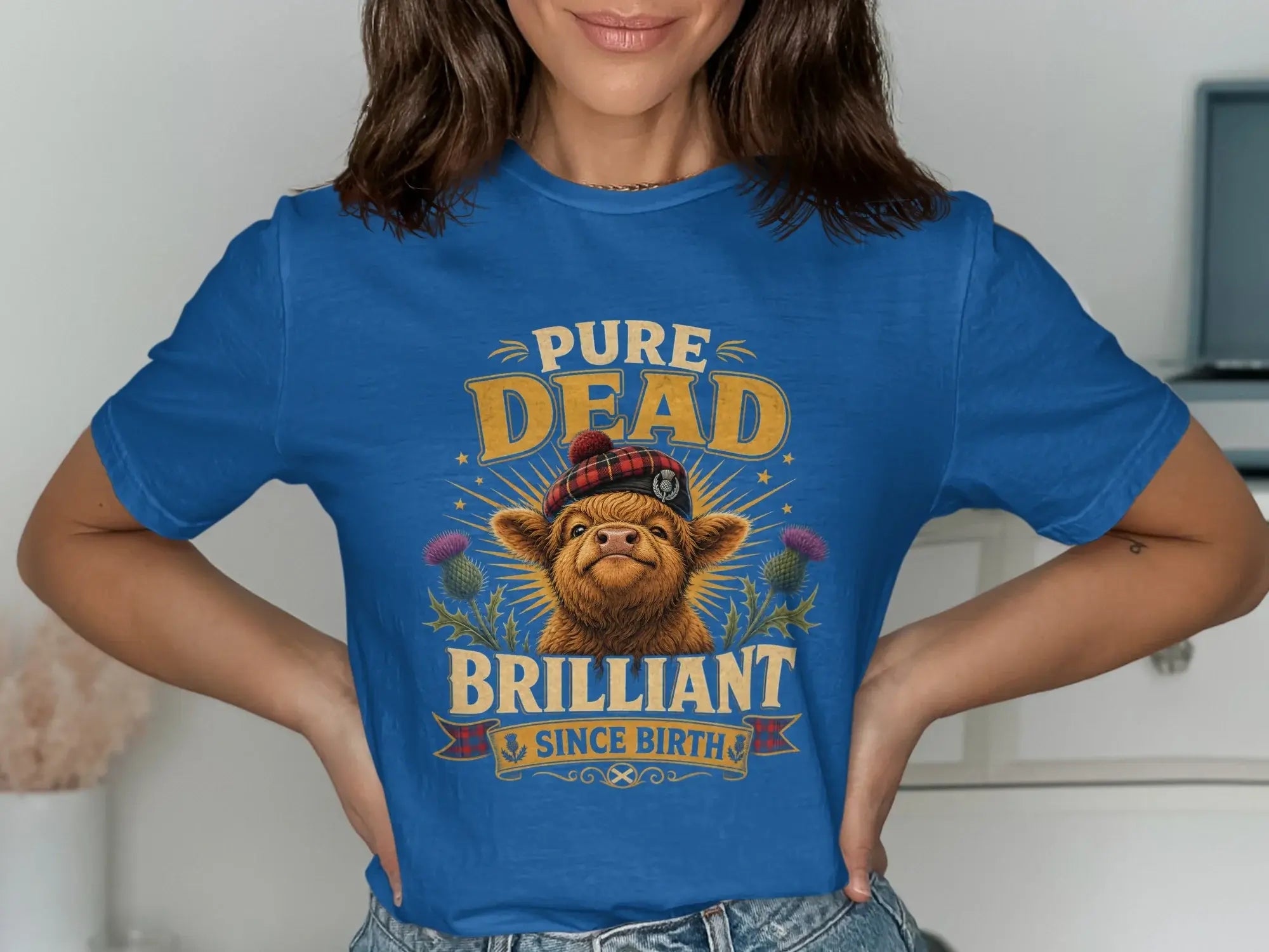 Blue t-shirt with highland cow wearing a tartan hat, text "PURE DEAD BRILLIANT SINCE BIRTH".