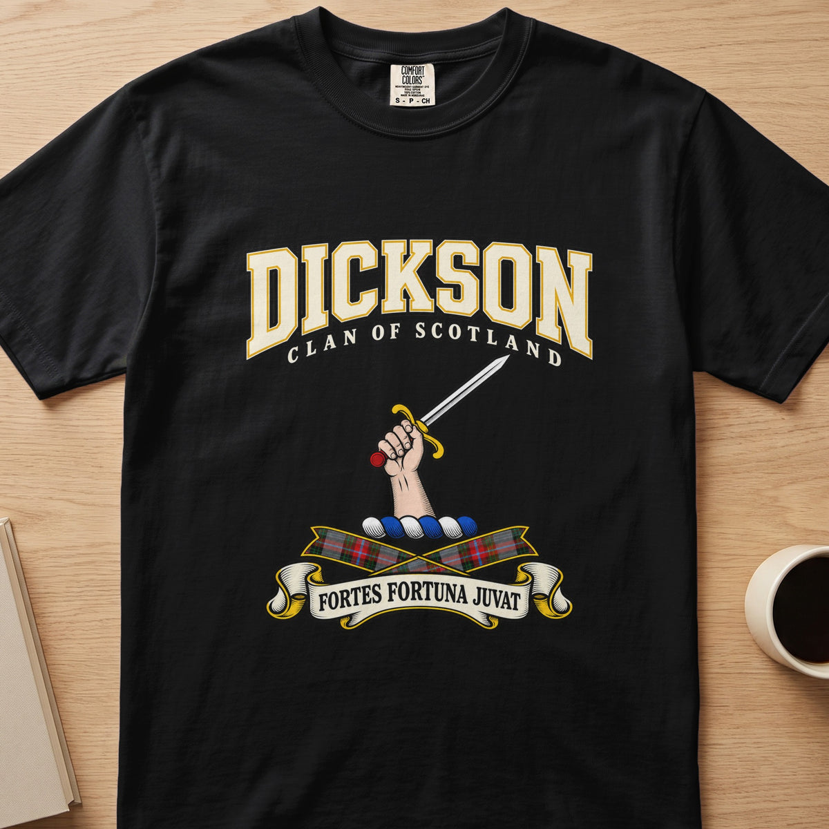 Dickson raised hand and diagonal sword graphic on a black Comfort Colors T-shirt, front view
