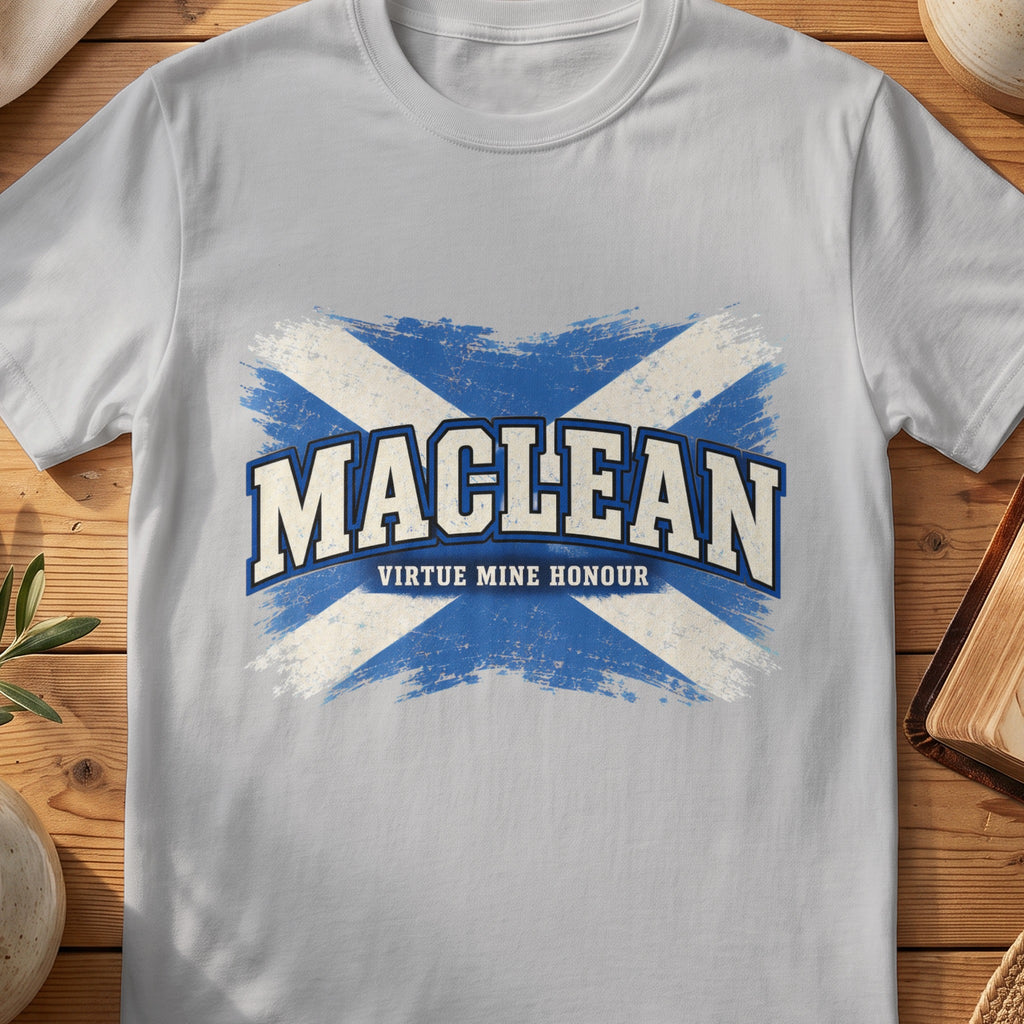 MacLean Scottish Saltire T-shirt in Sport Grey, with distressed blue and cream flag and “Virtue Mine Honour” lettering.