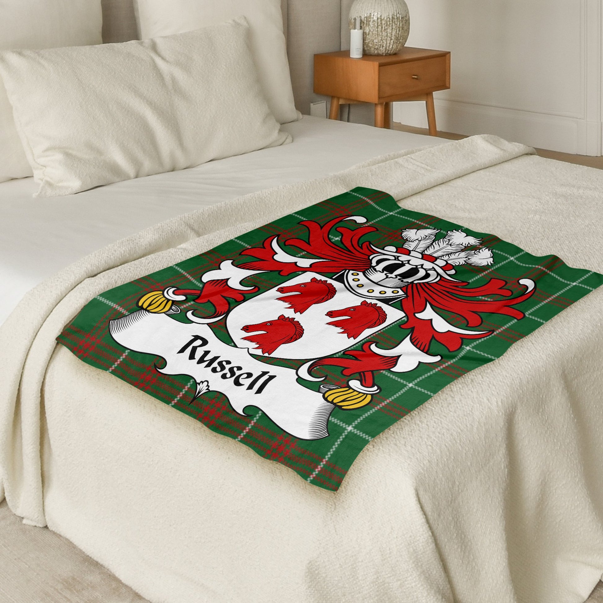 Russell Coat of Arms on Welsh Tartan Background Blanket - Living Stone Gifts