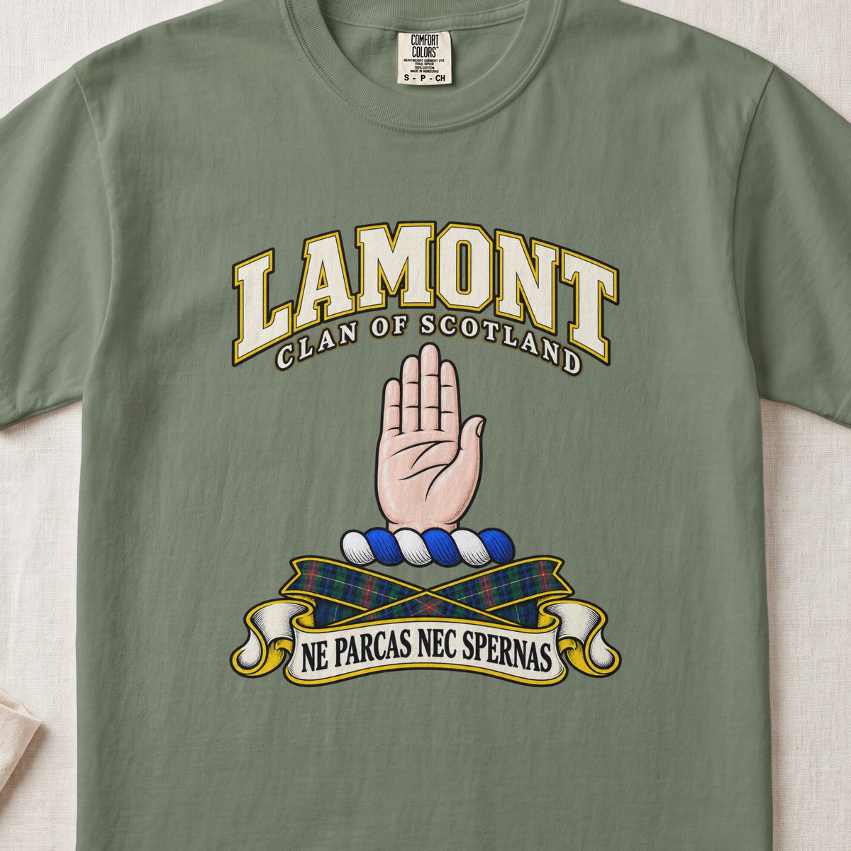 Lamont Scottish clan T-shirt in Moss, front view with a raised open hand and motto banner.