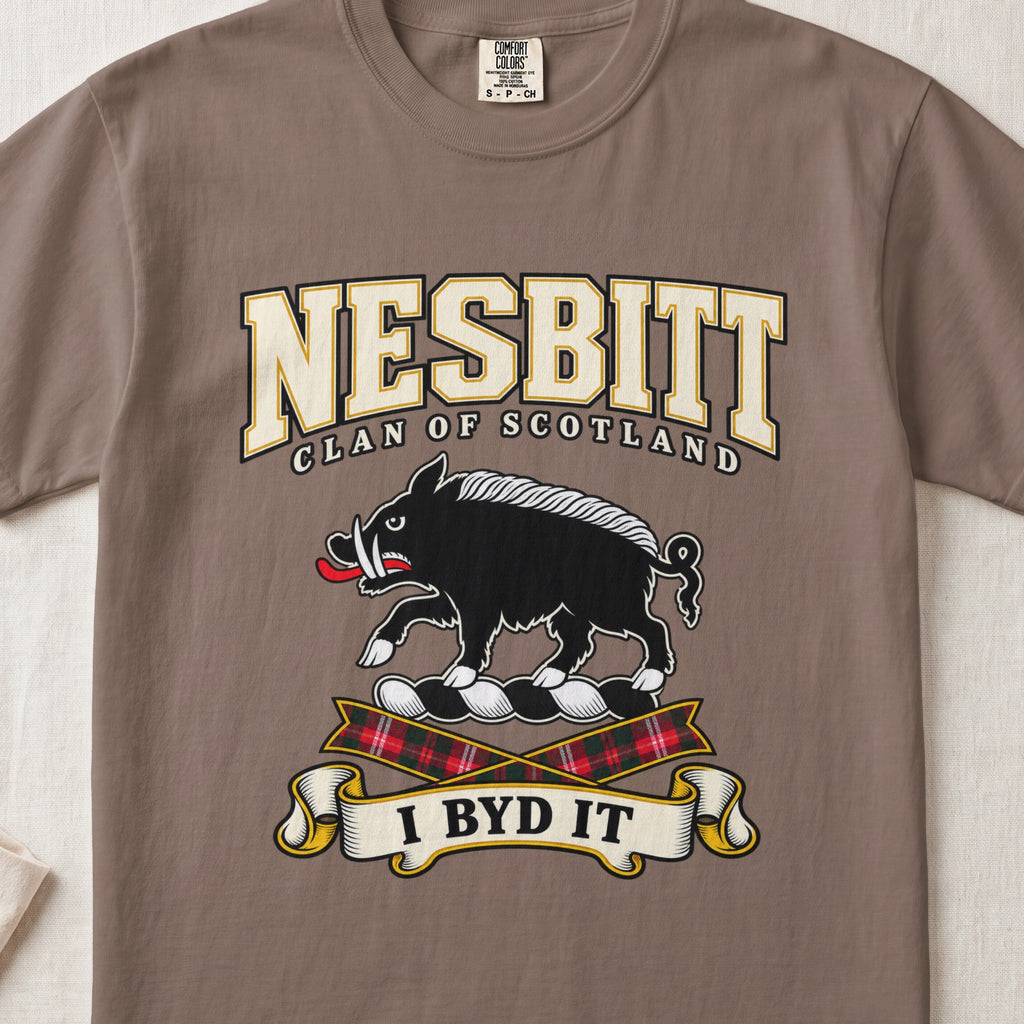 Nesbitt Scottish clan graphic T-shirt in Espresso, front view