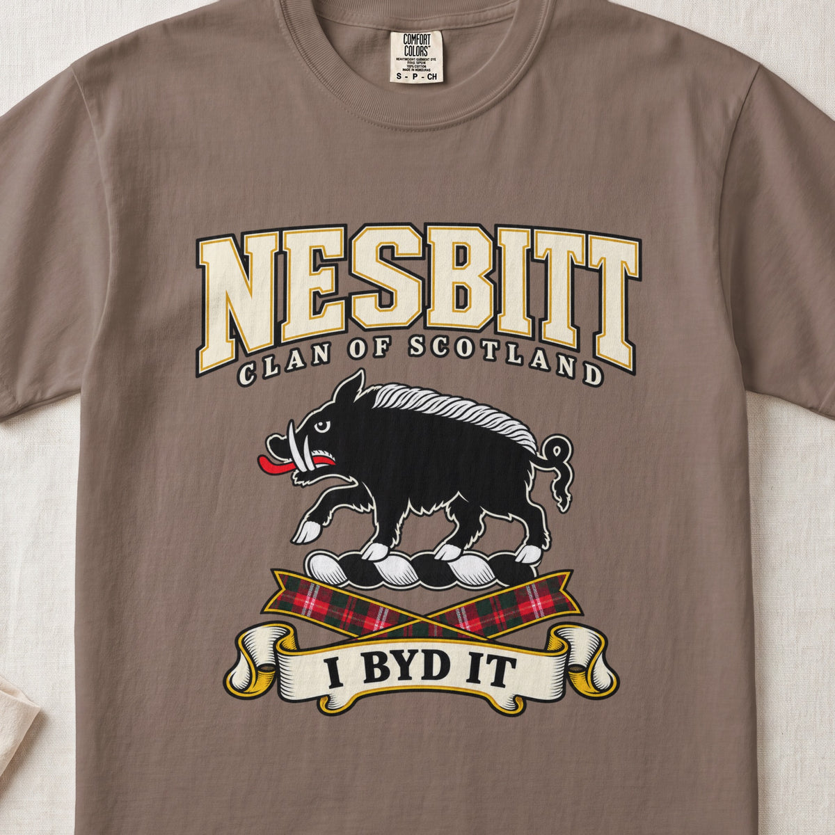 Nesbitt Scottish clan graphic T-shirt in Espresso, front view
