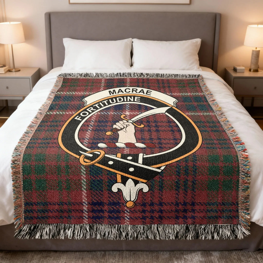 Clan MacRae woven tartan blanket showing clan colours — 100% cotton heirloom throw with Fortitudine crest