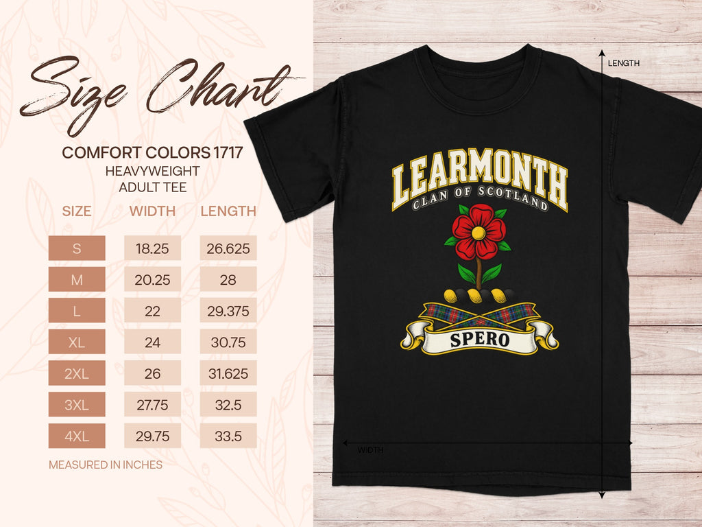 Comfort Colors 1717 size chart for the Learmonth Scottish clan T-shirt, adult sizes S–4XL.