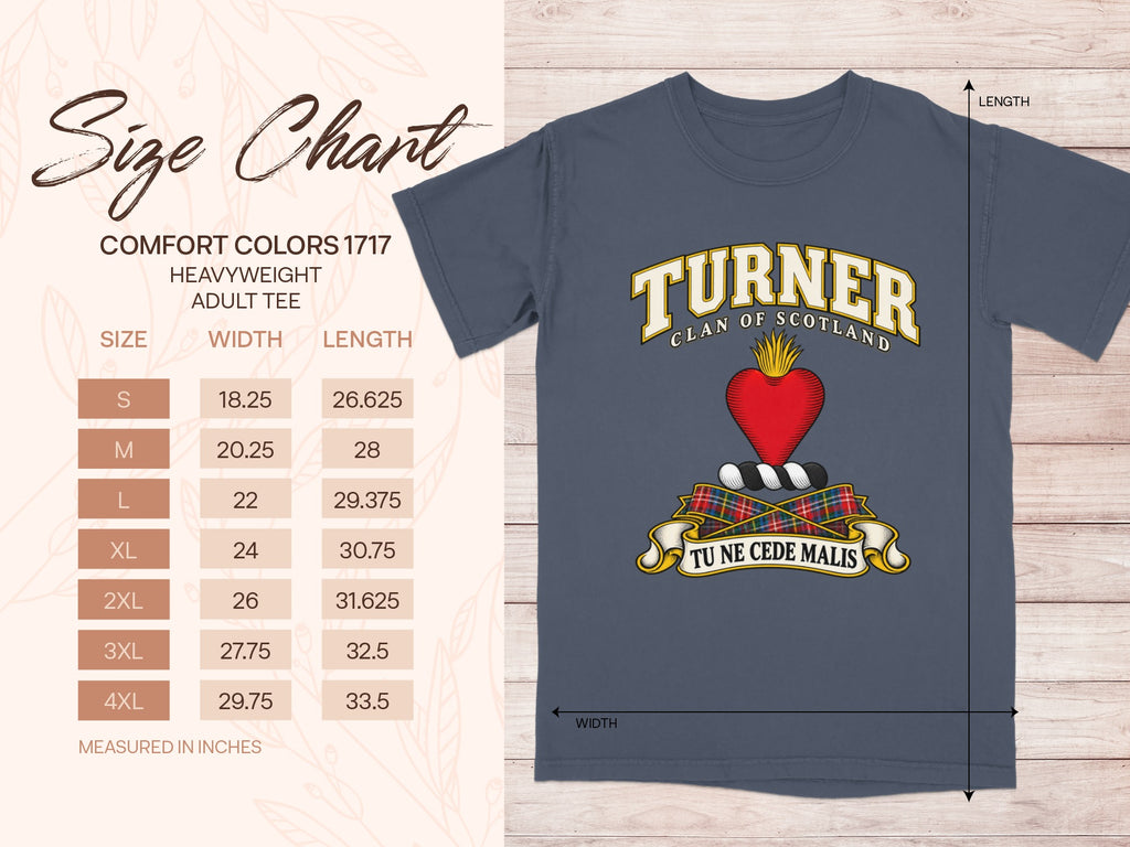 Comfort Colors 1717 size chart for the Turner Scottish clan T-shirt, adult sizes S–4XL.