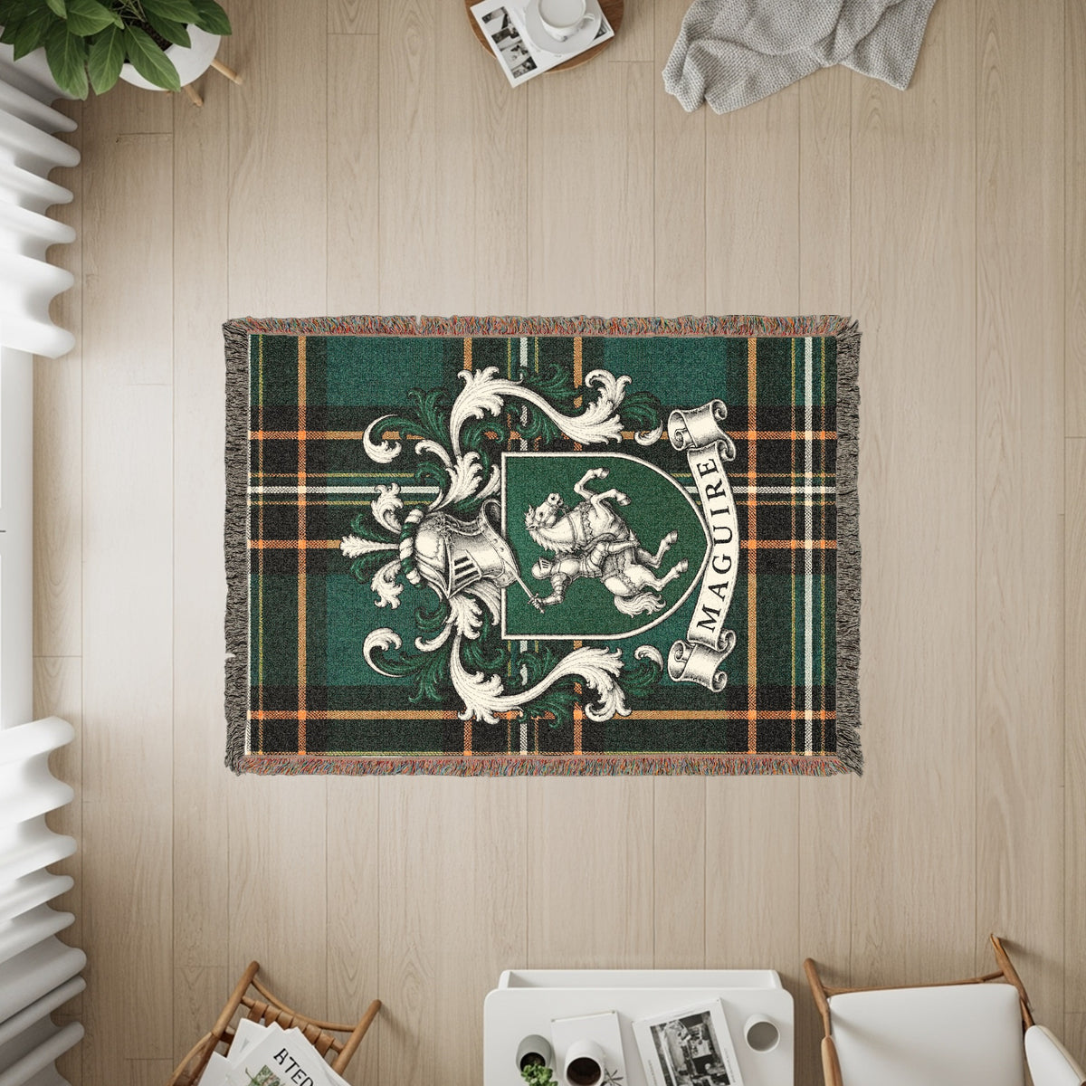 Close-up of Maguire family crest design on Irish National Tartan heirloom woven blanket
