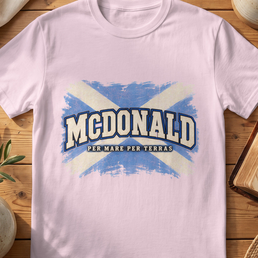 McDonald Scottish Saltire T-shirt in Light Pink, with distressed blue and cream flag and “Per Mare Per Terras” lettering.