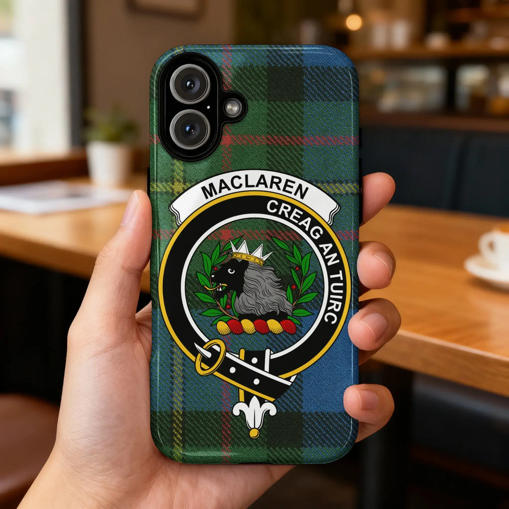 MacLaren Creag An Tuirc tartan crest iPhone case — full 3D wrap Scottish heritage design