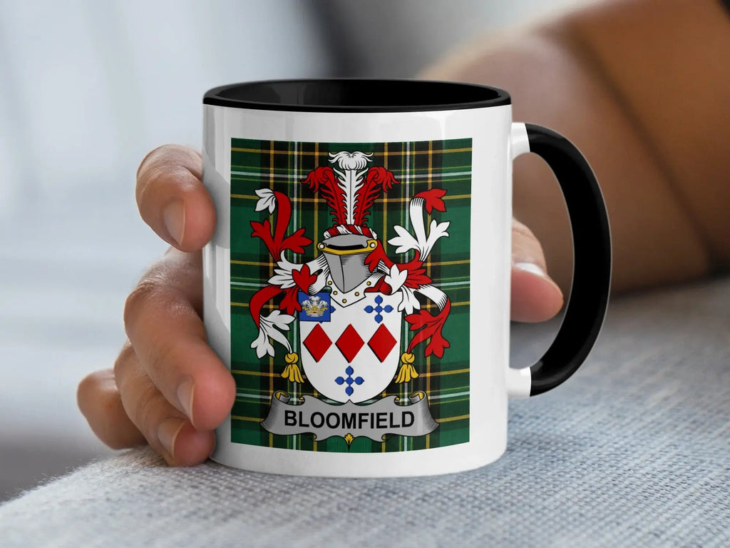 Bloomfield Irish heritage accent mug with family crest and black handle on Irish National Tartan