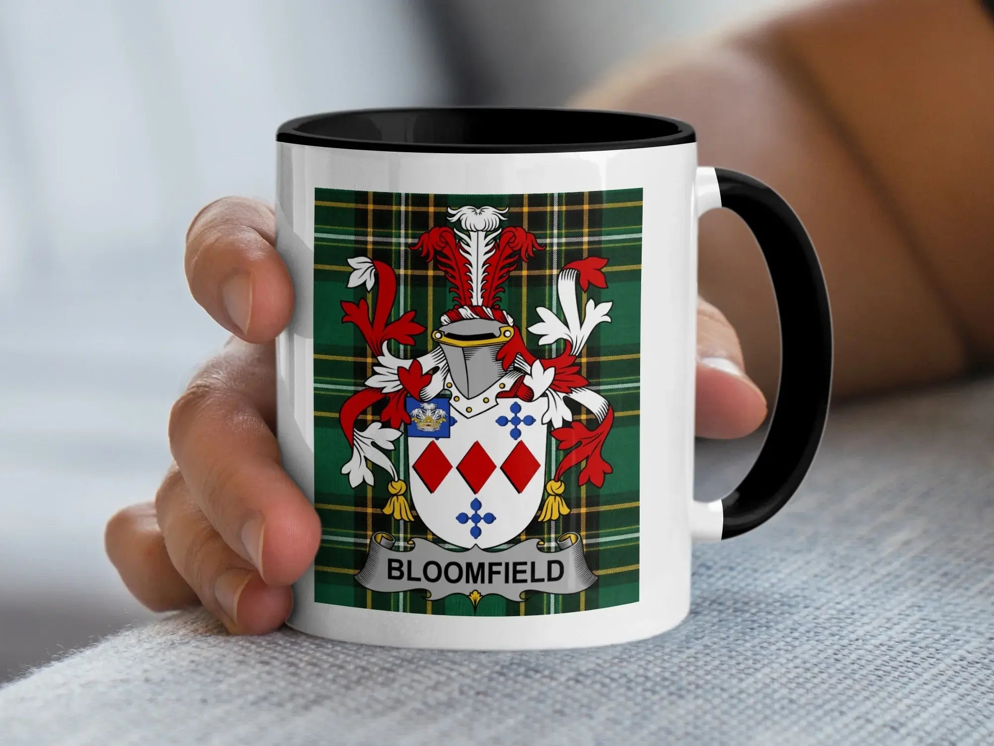Bloomfield Irish heritage accent mug with family crest and black handle on Irish National Tartan