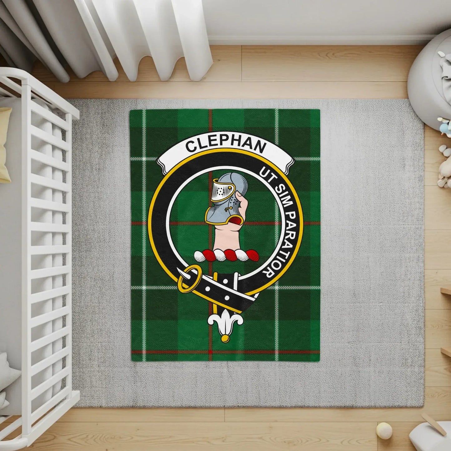 Clephan Crest Badge on Green Tartan Background Product Type